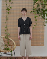 V-Neck Short Sleeve Linen Blouse with Back Waist Tie